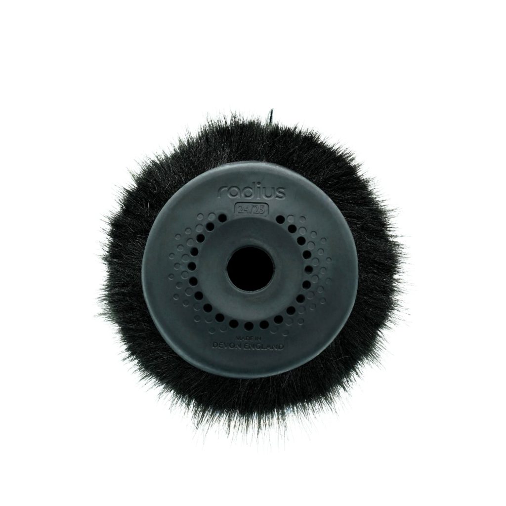 Close-up of black Nimbus windshield end cap showing pepper pot perforations for 24-25mm microphones