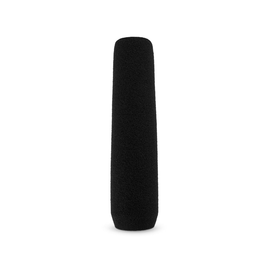 Professional acoustic foam windshield mounted on shotgun microphone in studio environment