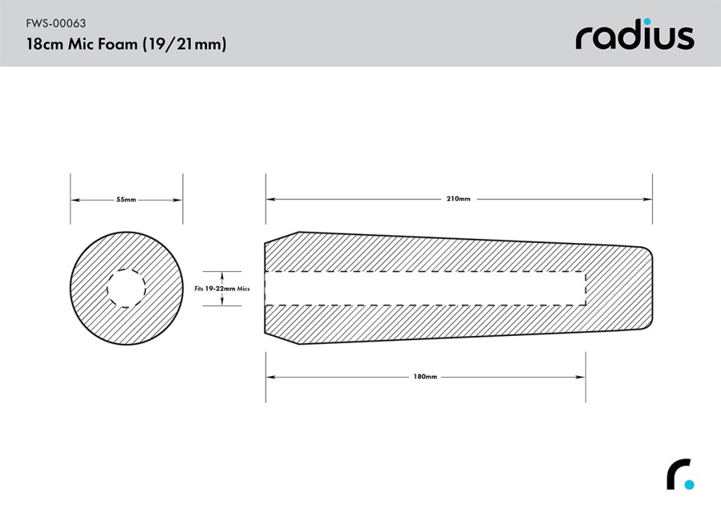 Technical dimensions diagram showing 18cm shotgun microphone foam windshield measurements