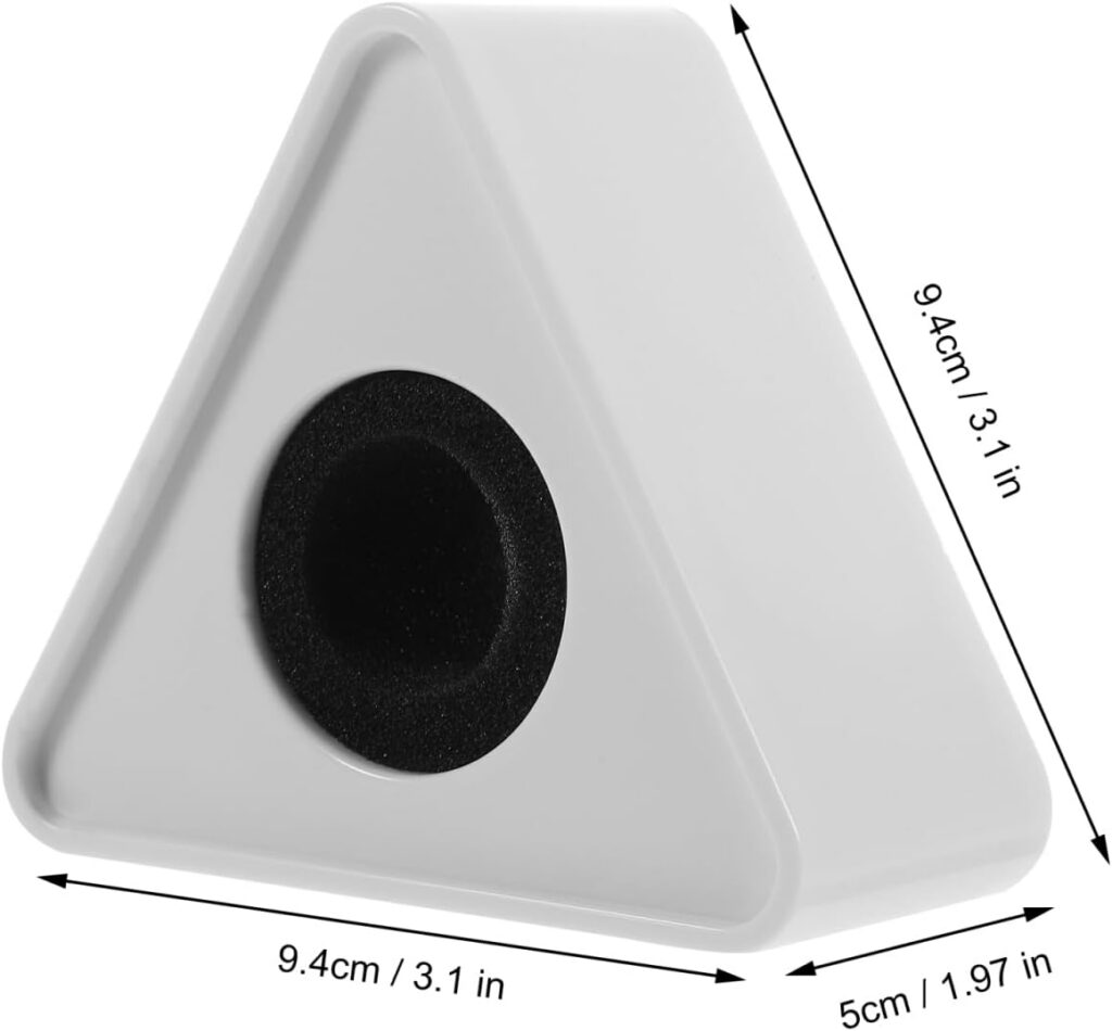 White triangular microphone flag (mic logo cube) with foam insert, showing dimensions 9.4 cm width/height and 5 cm depth for handheld interview microphones.