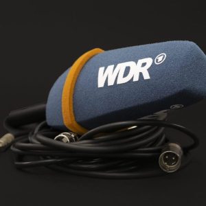 WDR branded microphone windshield with orange accent stripe, professional broadcast windscreen for German public radio