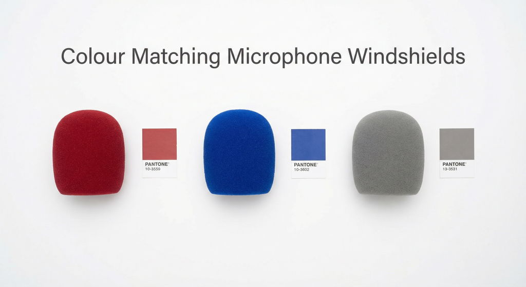 Three foam microphone windshields in red, blue, and grey next to Pantone colour swatch cards on white background