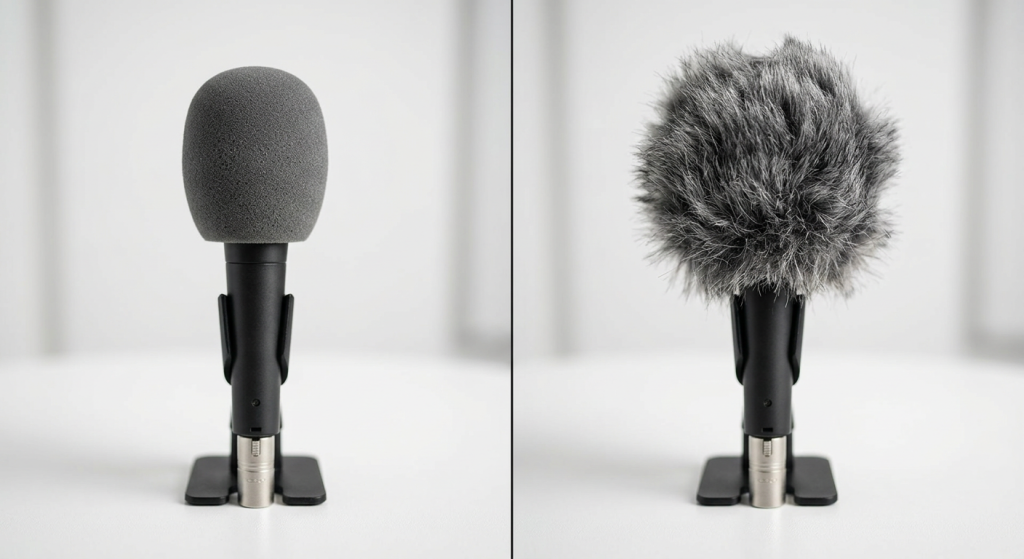Side-by-side comparison of a standard foam microphone windscreen and a furry deadcat windscreen on a handheld mic