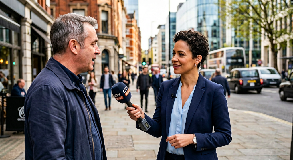 Journalist using foam windscreen handheld mic for outdoor interview. Foam Windscreen Outdoor Use.