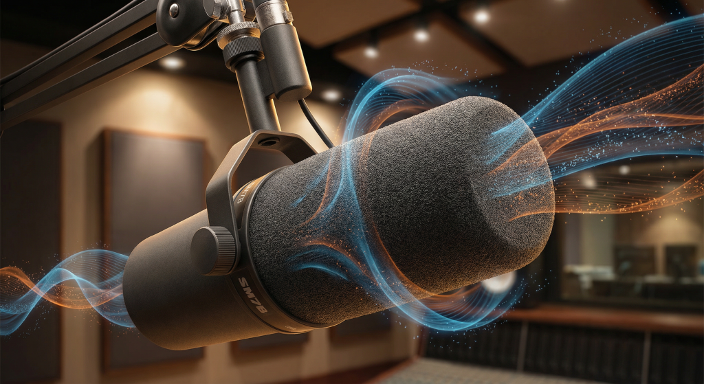 Professional broadcast microphone with foam windscreen showing sound waves and airflow for clarity