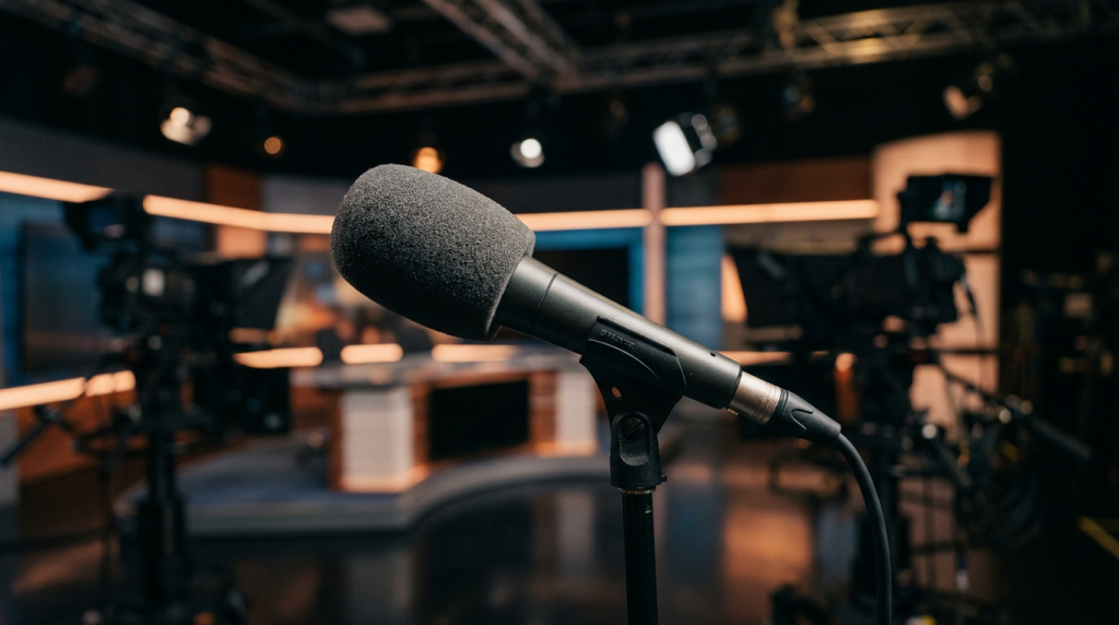 Professional microphone with foam windscreen in a broadcast studio