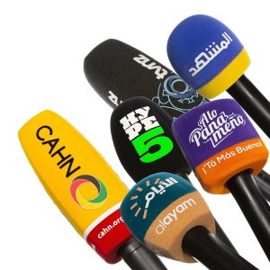 Variety of custom branded microphone windscreens with media logos