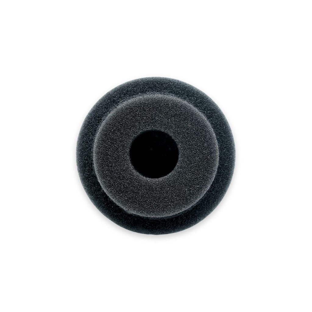 Assembled windscreen kit on pencil condenser microphone demonstrating fit