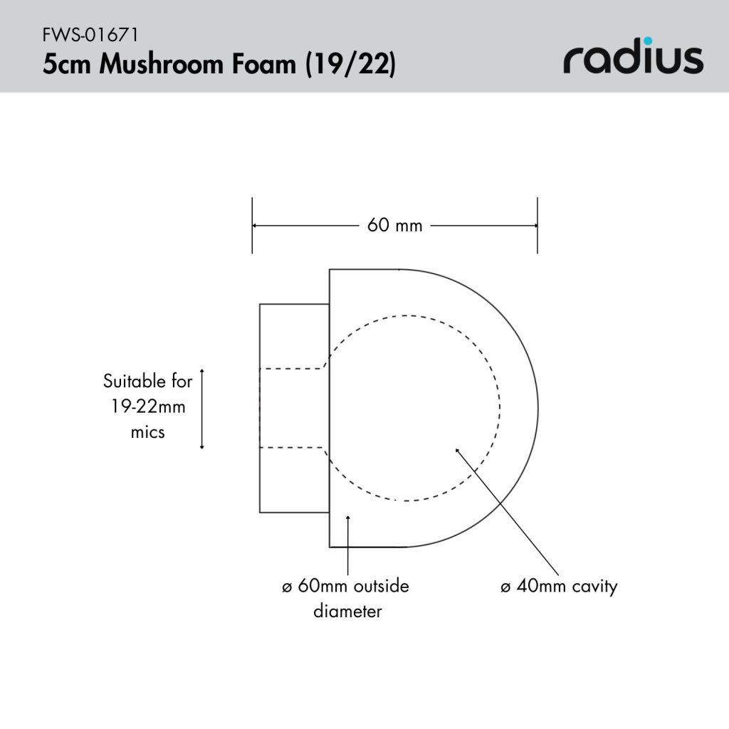 Technical specifications diagram for 5cm mushroom foam windscreen dimensions