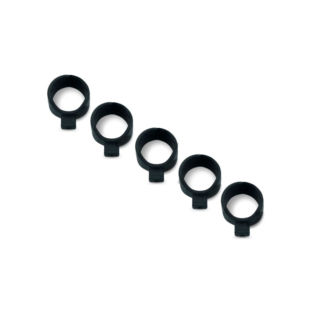 Five black TPE silicone microphone bands arranged on white background showing elastic construction