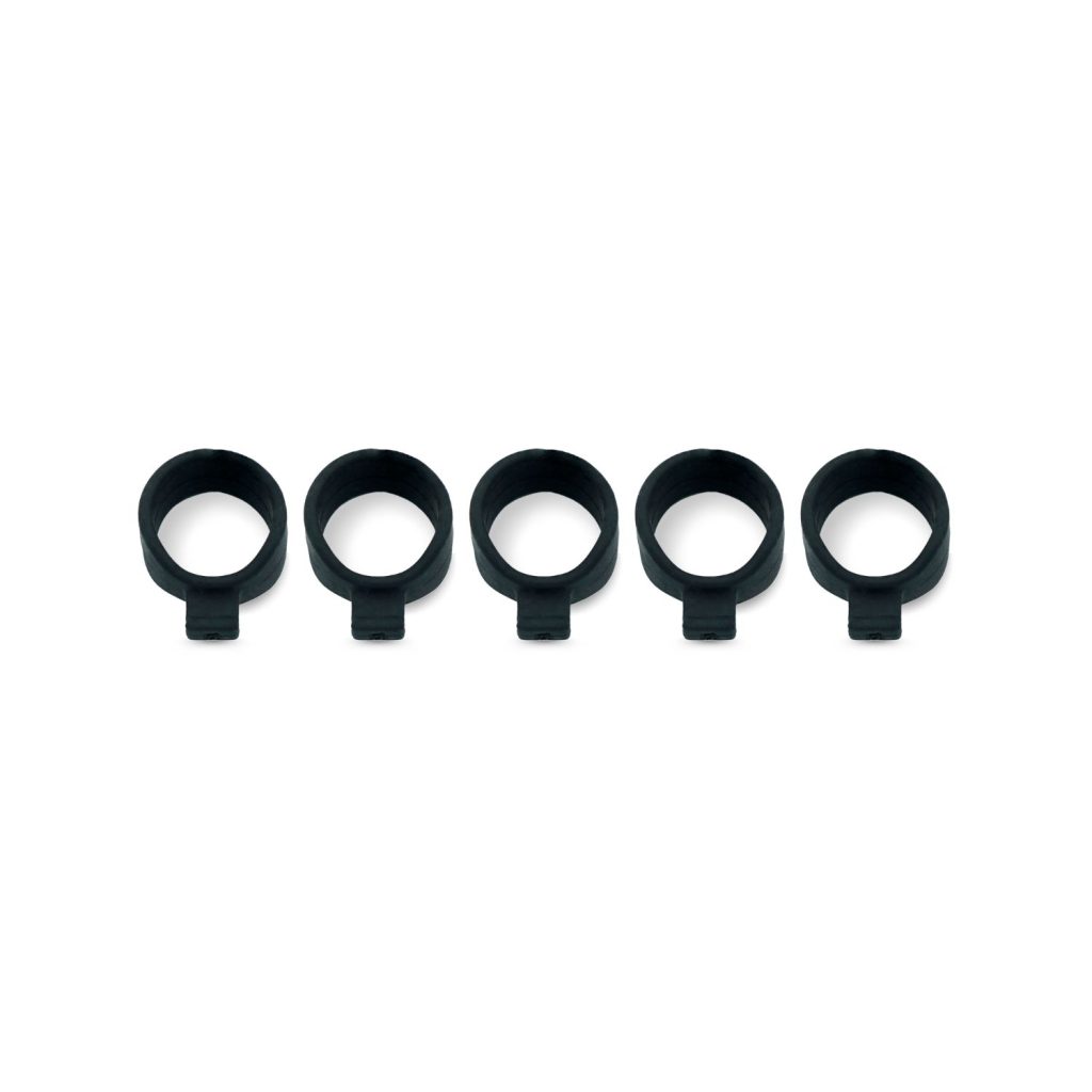 Black microphone bands 5-pack product packaging showing TPE silicone construction details