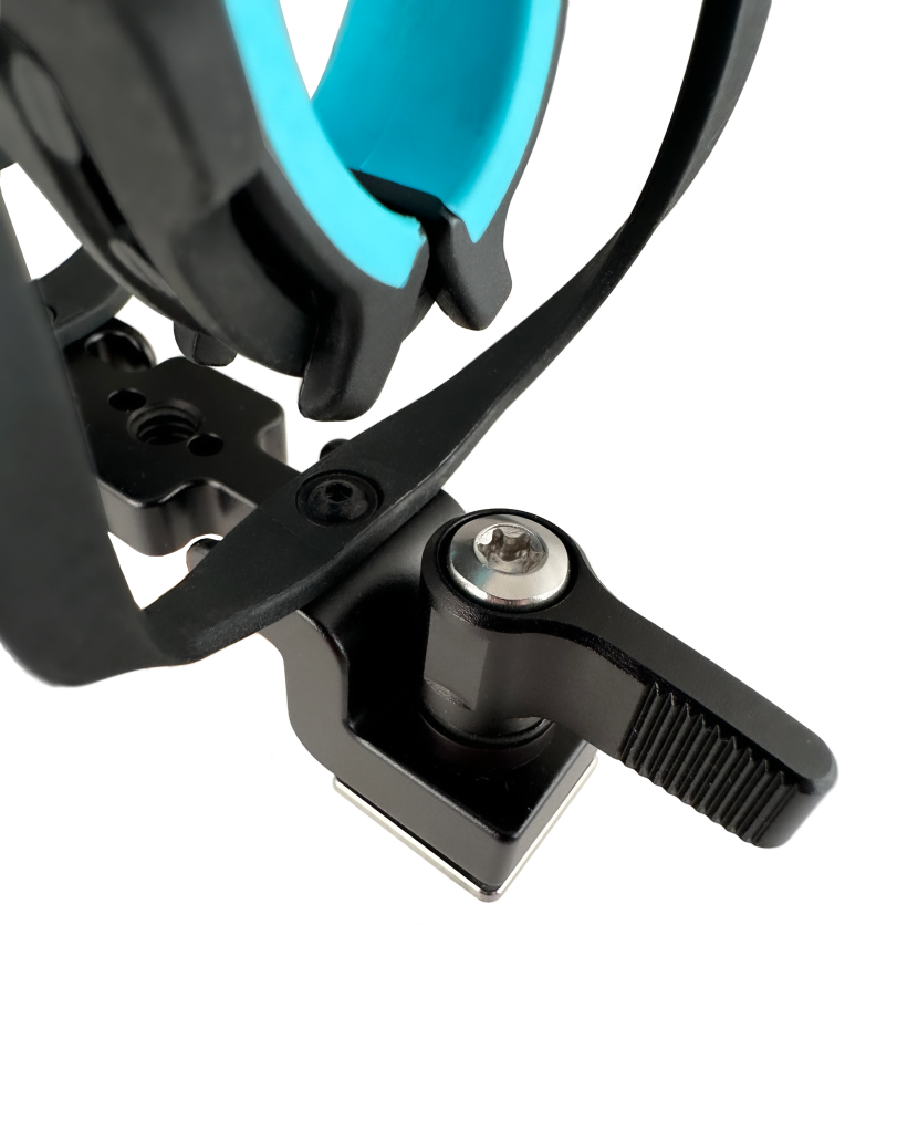 Professional camera shoe shock mount showing reversible mounting position