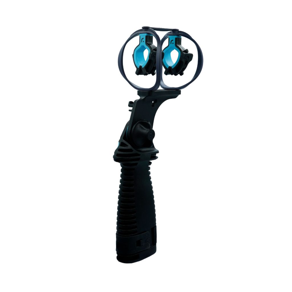 Side view of RAD-3 ENG shock mount showing suspension system and pistol grip
