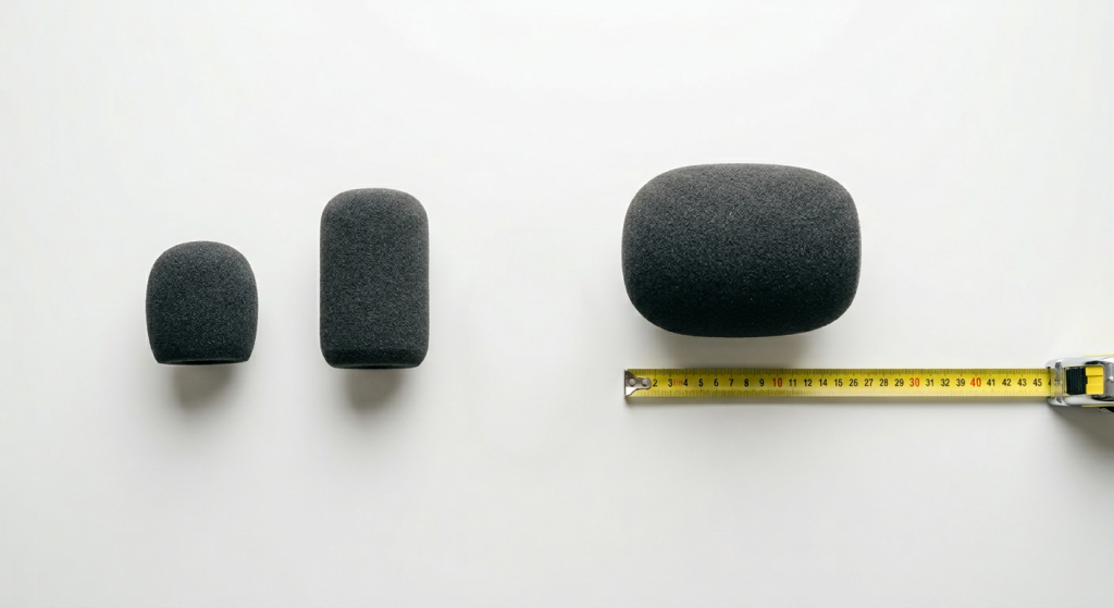 Three different sizes of black foam microphone windscreens with measuring tape showing dimensions for size reference