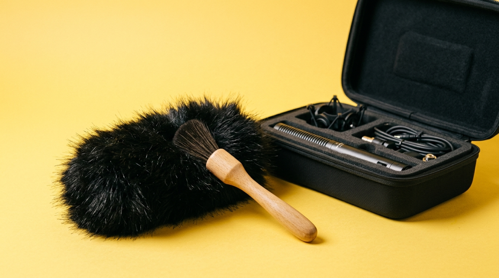 Black furry microphone windscreen (deadcat) with wooden cleaning brush next to open carrying case containing microphone and cables on yellow background