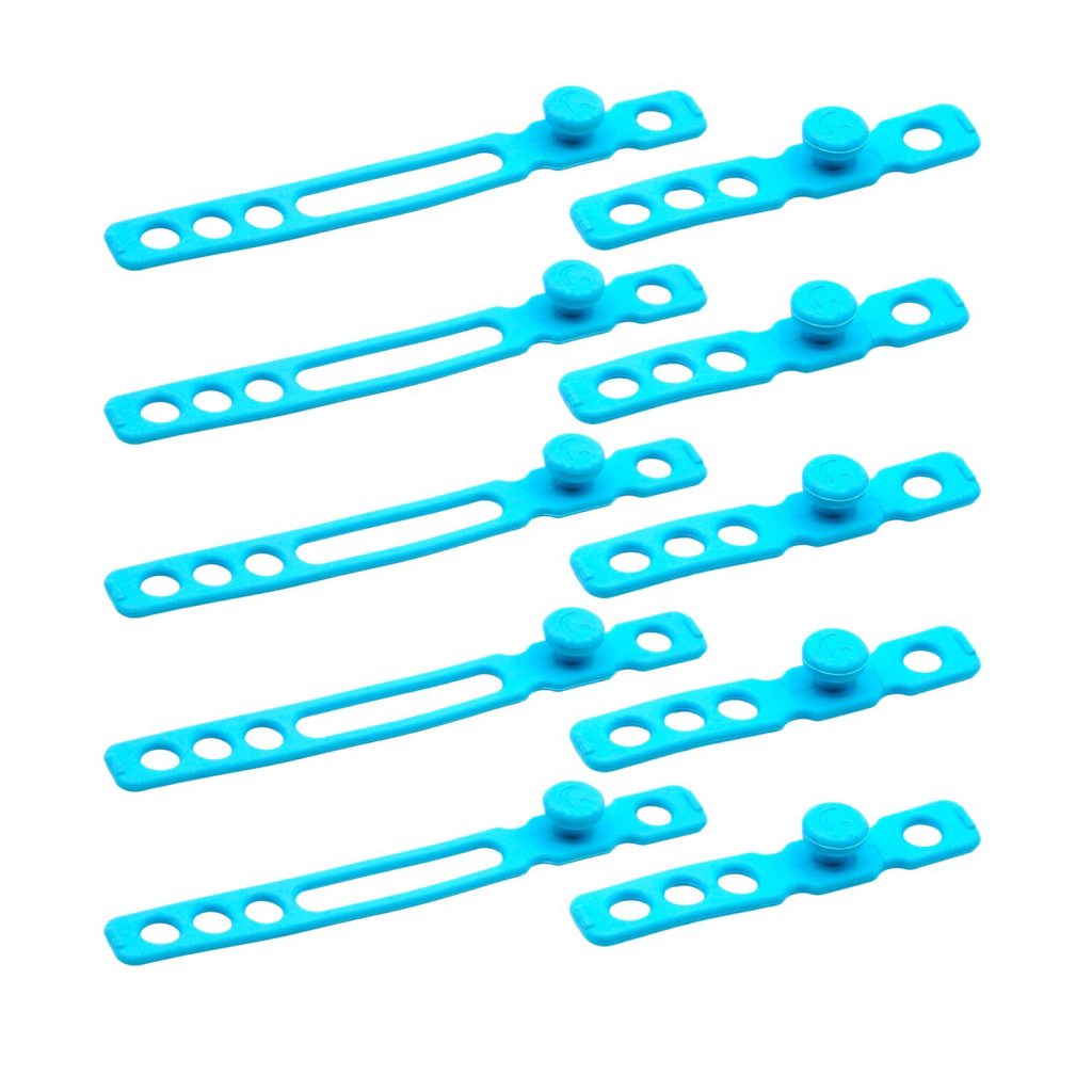 Complete 10-pack of hi-vis light blue RAD cable straps displayed in packaging