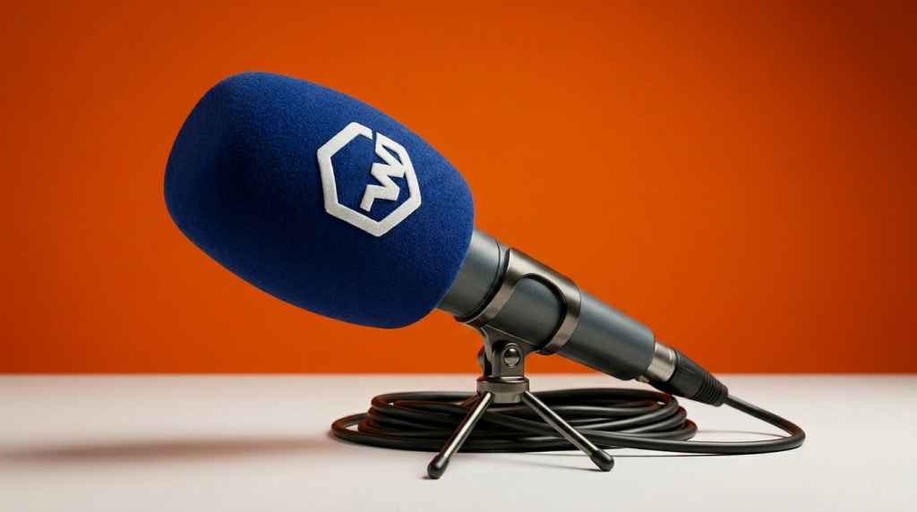 Professional handheld broadcast microphone with custom branded flock-coated foam windshield in deep blue with contrasting white raised logo, coiled XLR cable, vibrant red studio backdrop