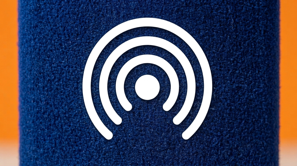 Extreme close-up of a triangular three-sided flock-coated foam windshield face in deep blue with a raised white flock logo, velvety texture clearly visible, shallow depth of field