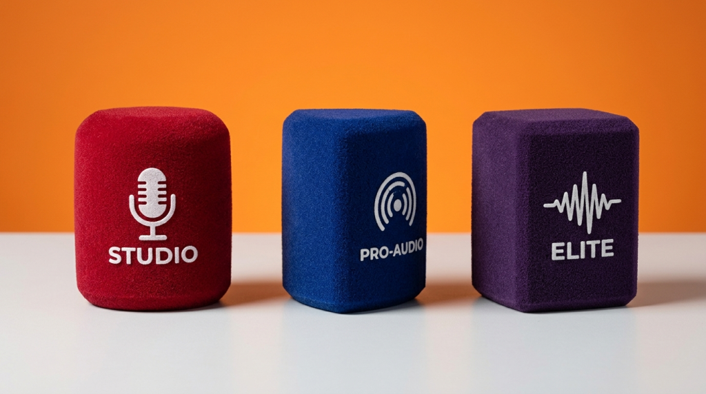 Three professional flock-coated foam windshields side by side — cylindrical red, triangular 3-sided blue, square 4-sided green — each with contrasting white flock logo, orange studio background