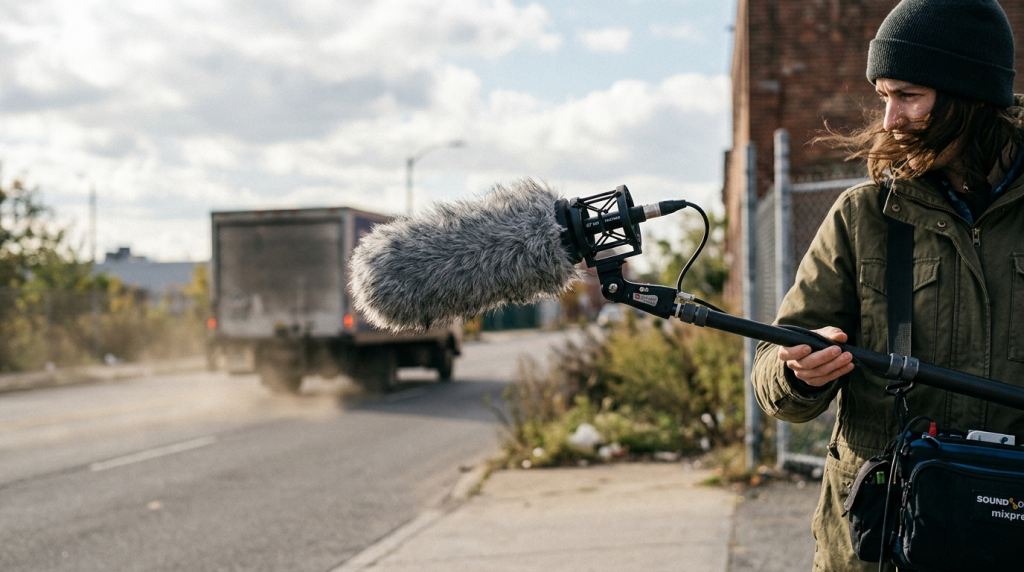 Professional shotgun microphone with a furry windshield used outdoors to reduce wind noise during audio recording
