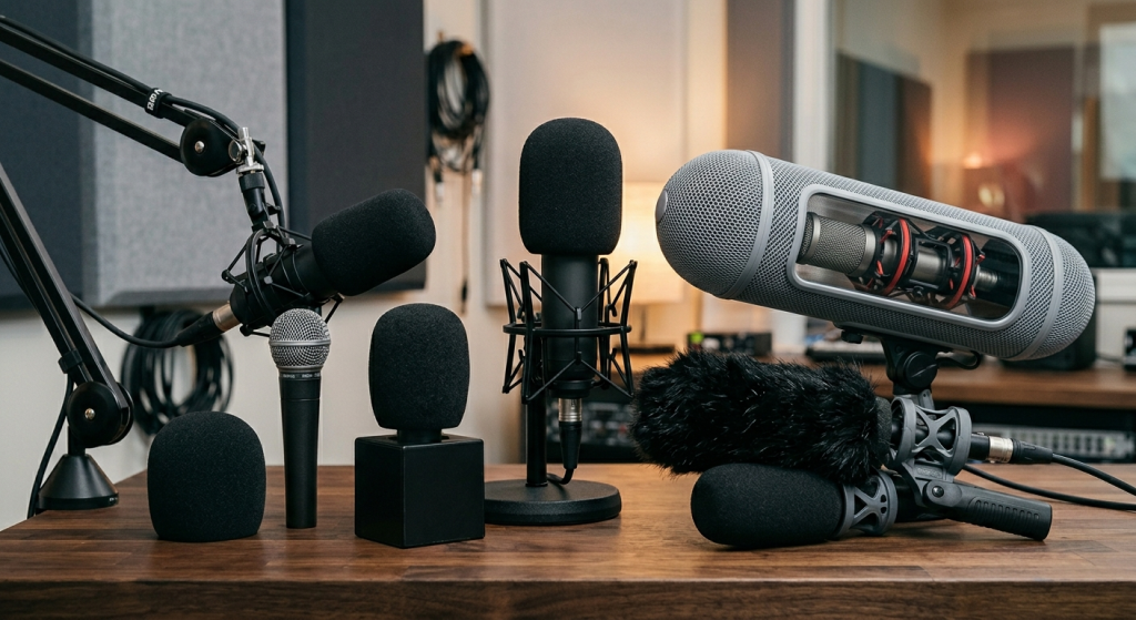 Types of microphone windshields including foam windscreens, interview mic flag, shotgun microphone blimp with suspension, and furry deadcat windjammer on a studio table.