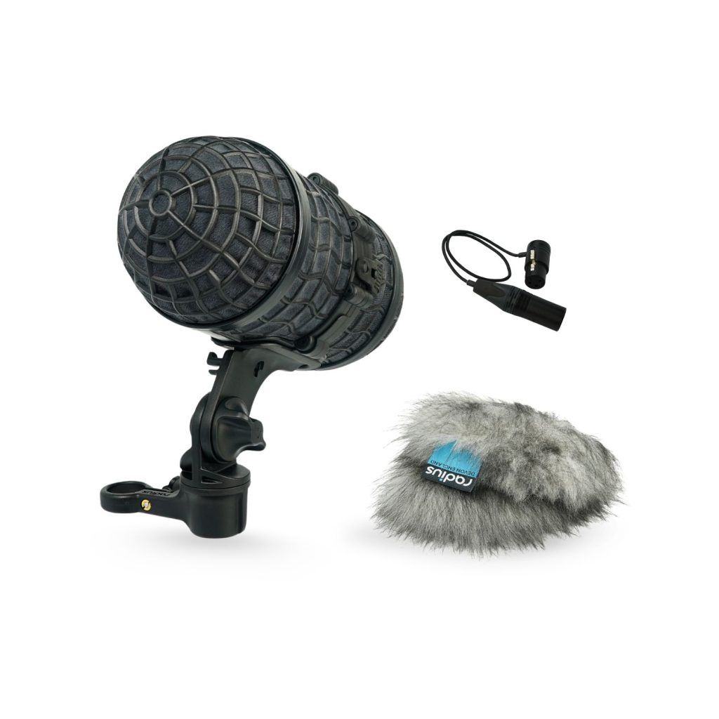 Rycote Mini-ALTO 115 windshield kit with RAD-2 shock mount and XLR cable on white background