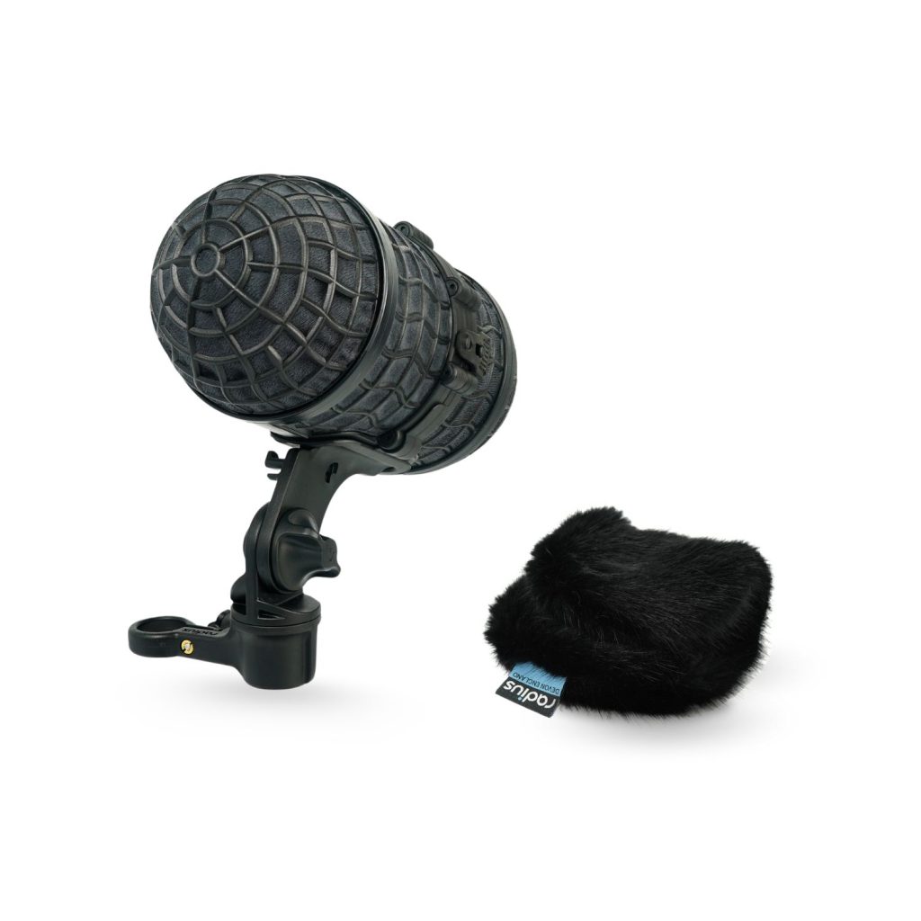 Mini-ALTO 115 windshield kit with black fur cover and RAD-2 shock mount on white background