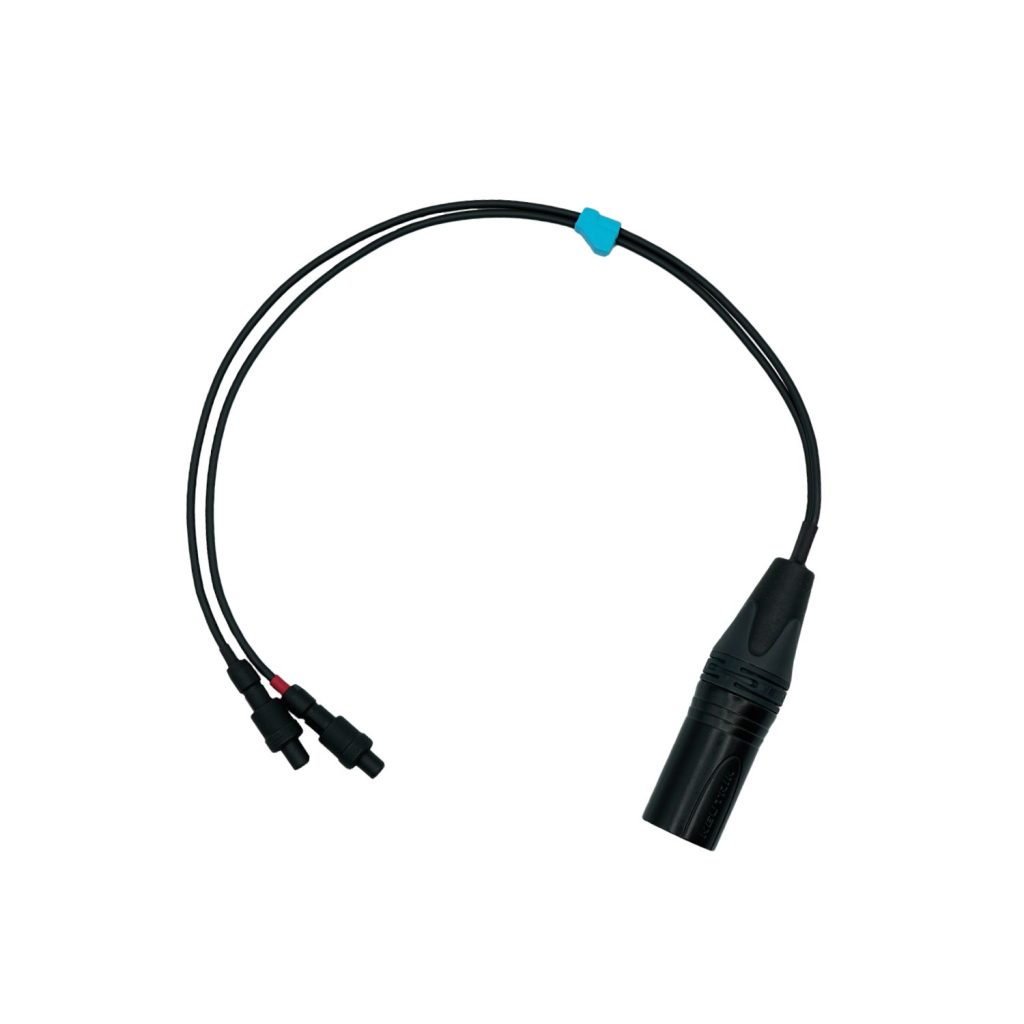 Mini-ALTO stereo Y-cable with LEMO and 5-pin XLR connectors on white background