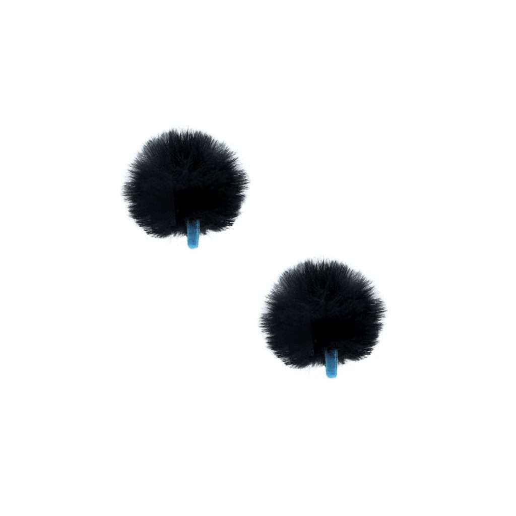 Pair of black mini windshields with blue safety straps for lavalier microphones