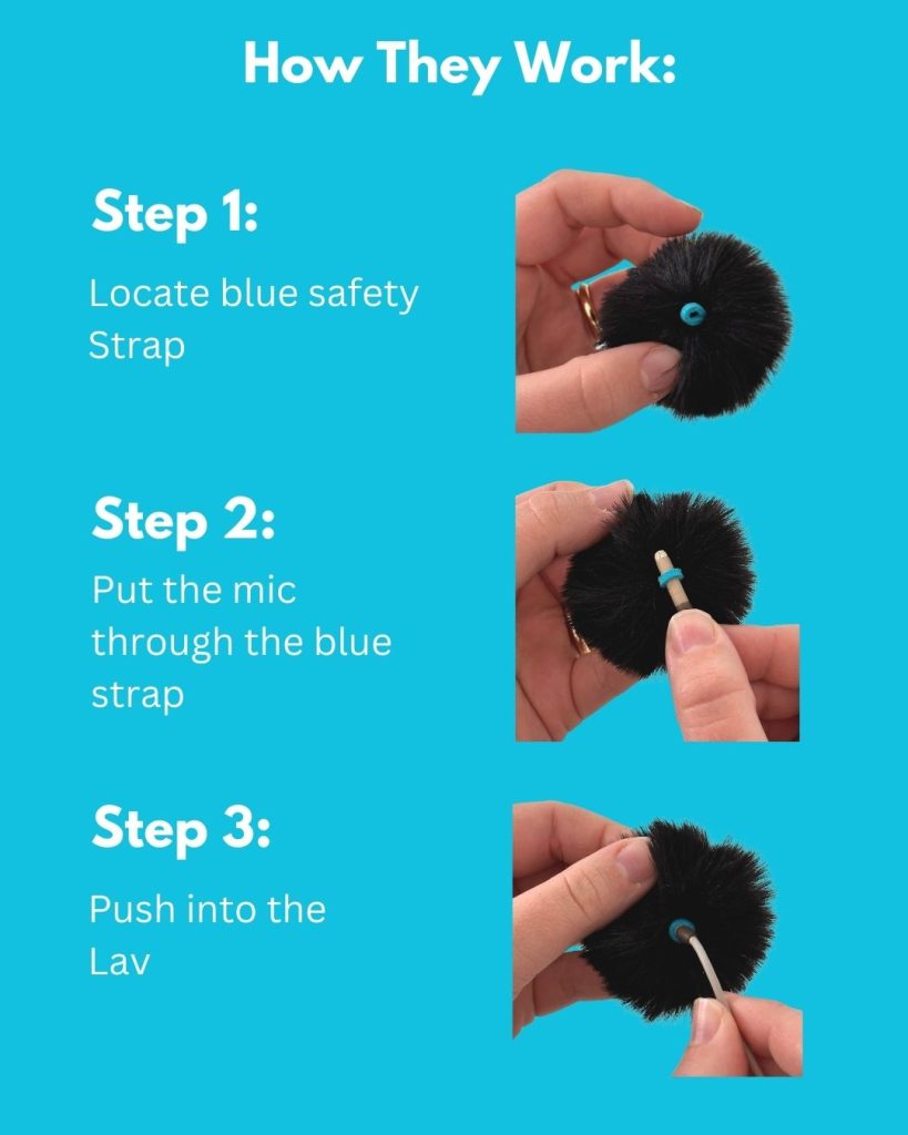Step-by-step installation diagram showing how to attach mini windshield to lavalier microphone