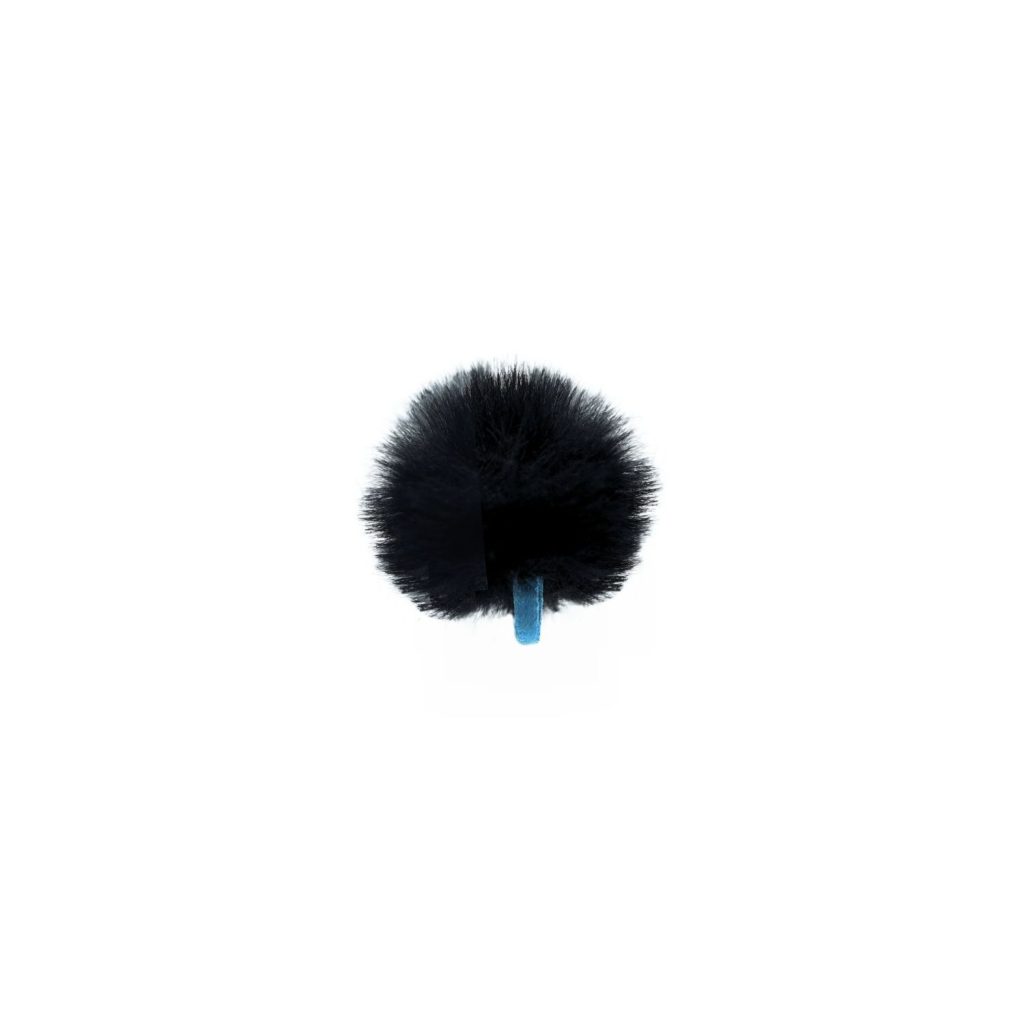 Mini black synthetic fur windshield with blue safety strap on white background