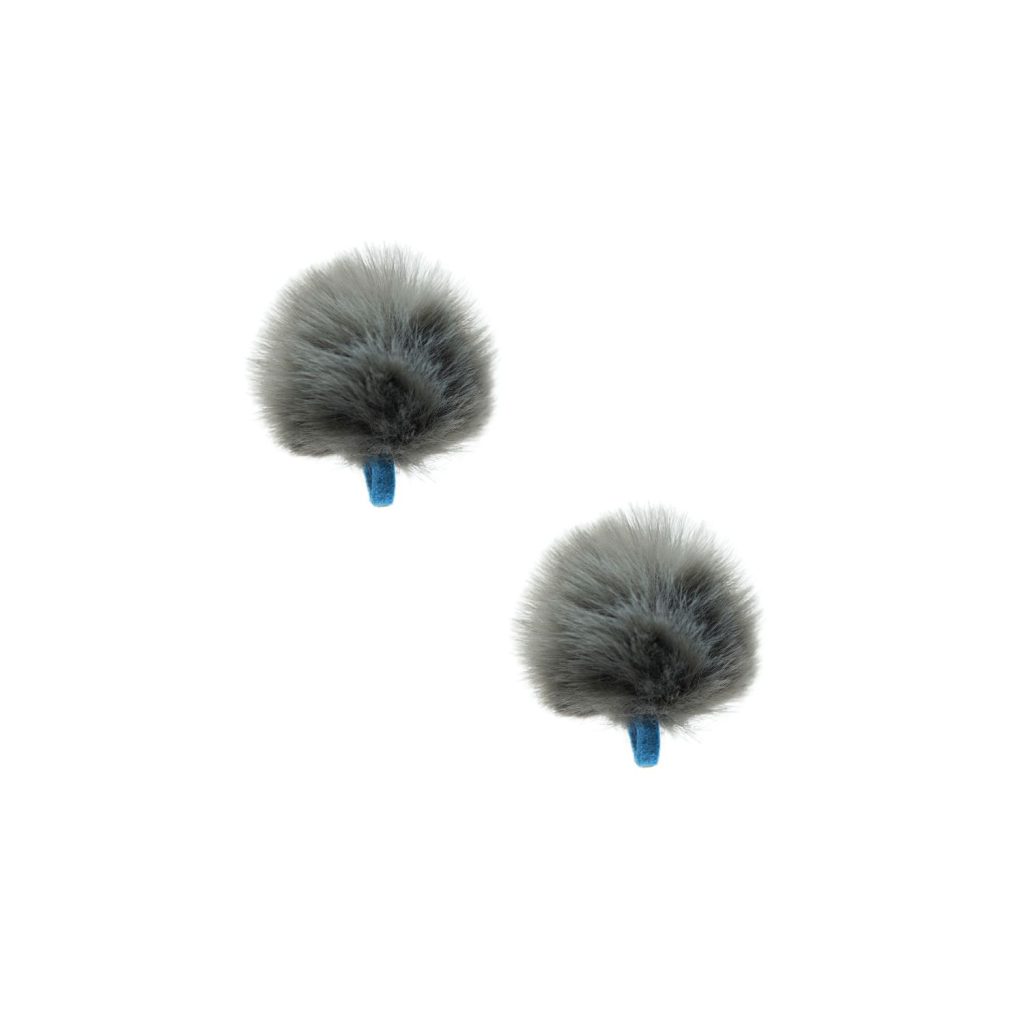 Pair of grey mini windshields with blue safety straps for lavalier microphones