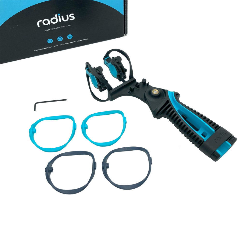 Complete RAD-3 kit contents including shock mount, pistol grip, and three pairs of elastomer hoops