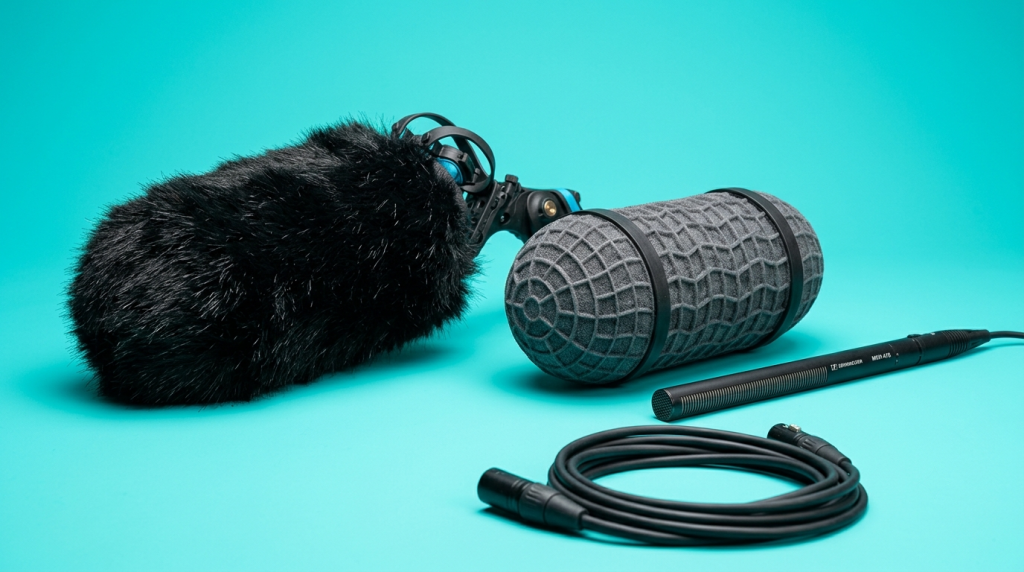 Professional shotgun microphone setup featuring a heavy-duty textured foam windshield and a black furry deadcat windscreen with shock mount and XLR cable on a blue background