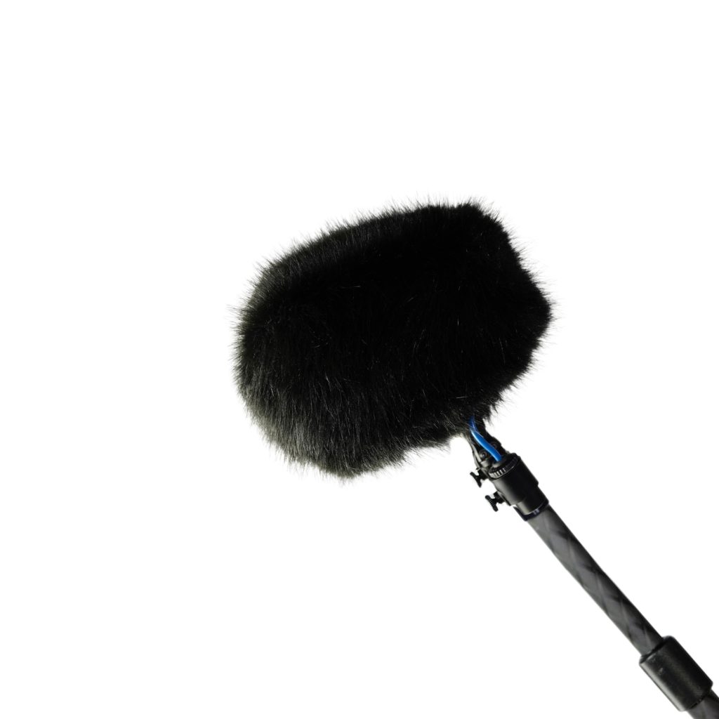 Black synthetic fur windcover with snap fasteners for Cinela COSI-XS microphone suspension