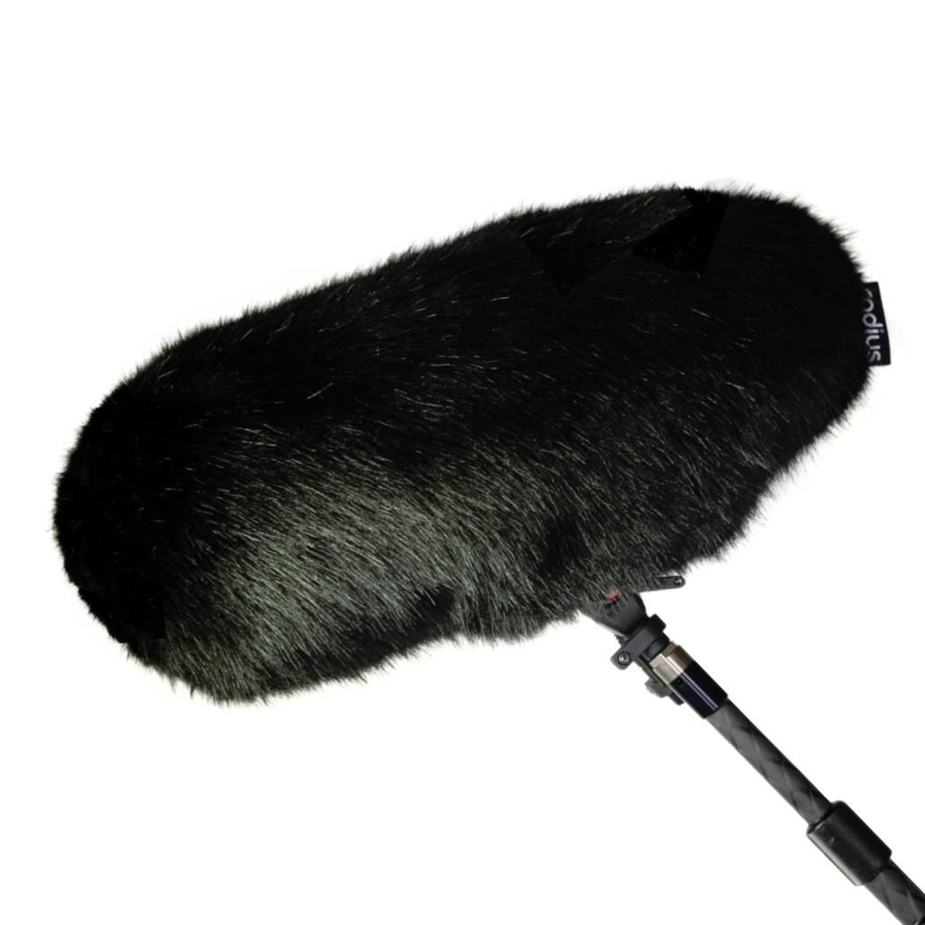 Black synthetic fur windcover for Rycote Cyclone medium windshield with drawstring closure