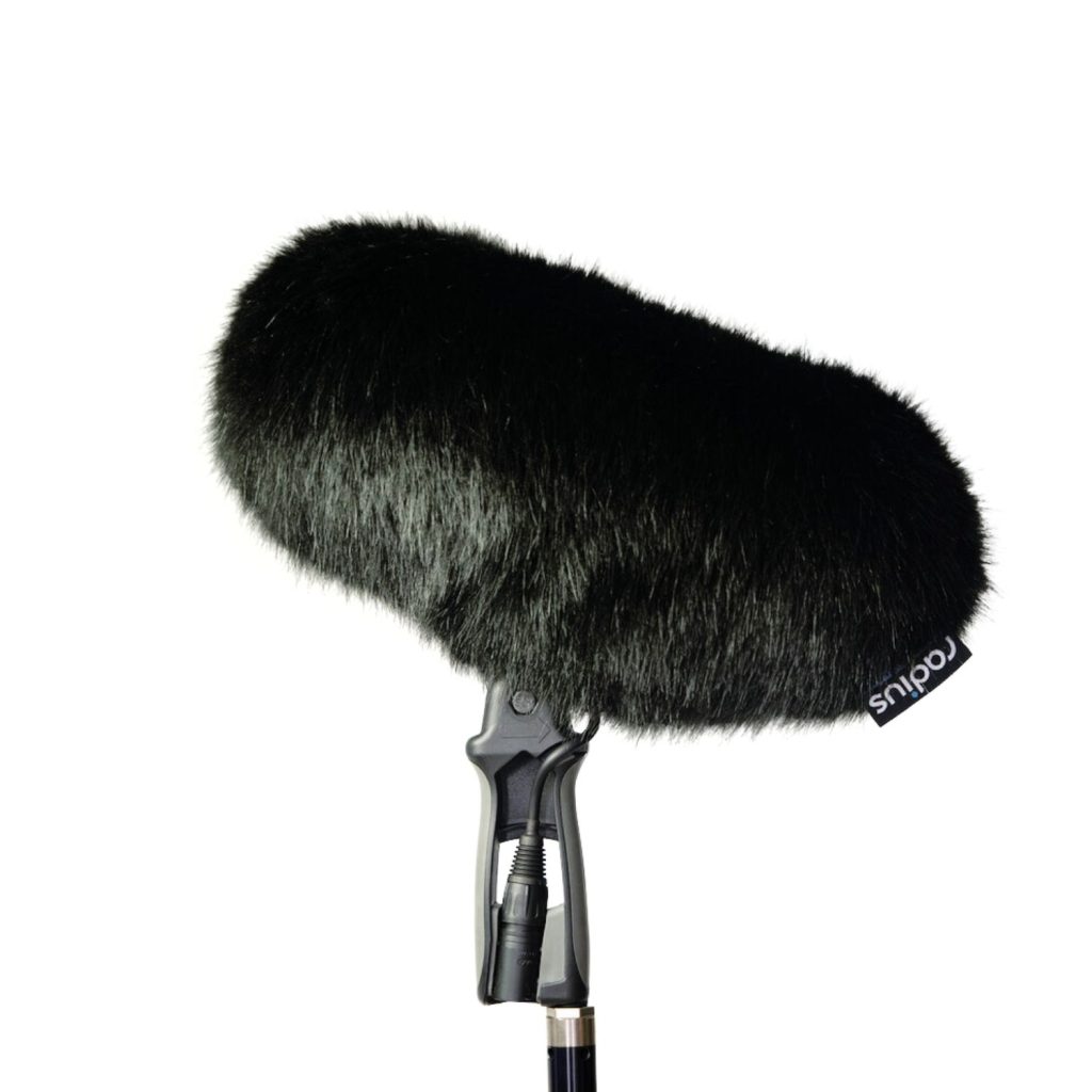 Black synthetic fur windcover for Rycote WS1 windshield showing multi-pile construction and drawstring attachment