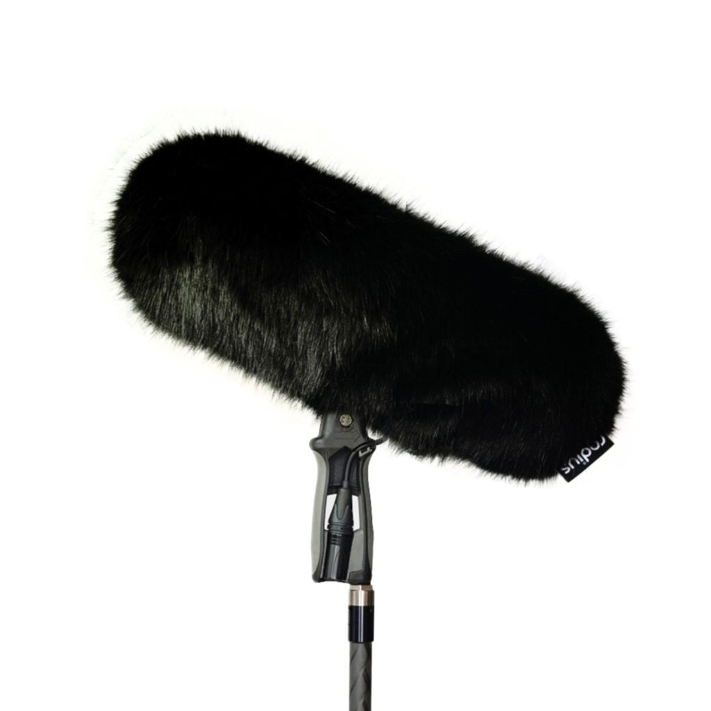 Multi-pile synthetic fur windcover showing internal lining and drawstring closure