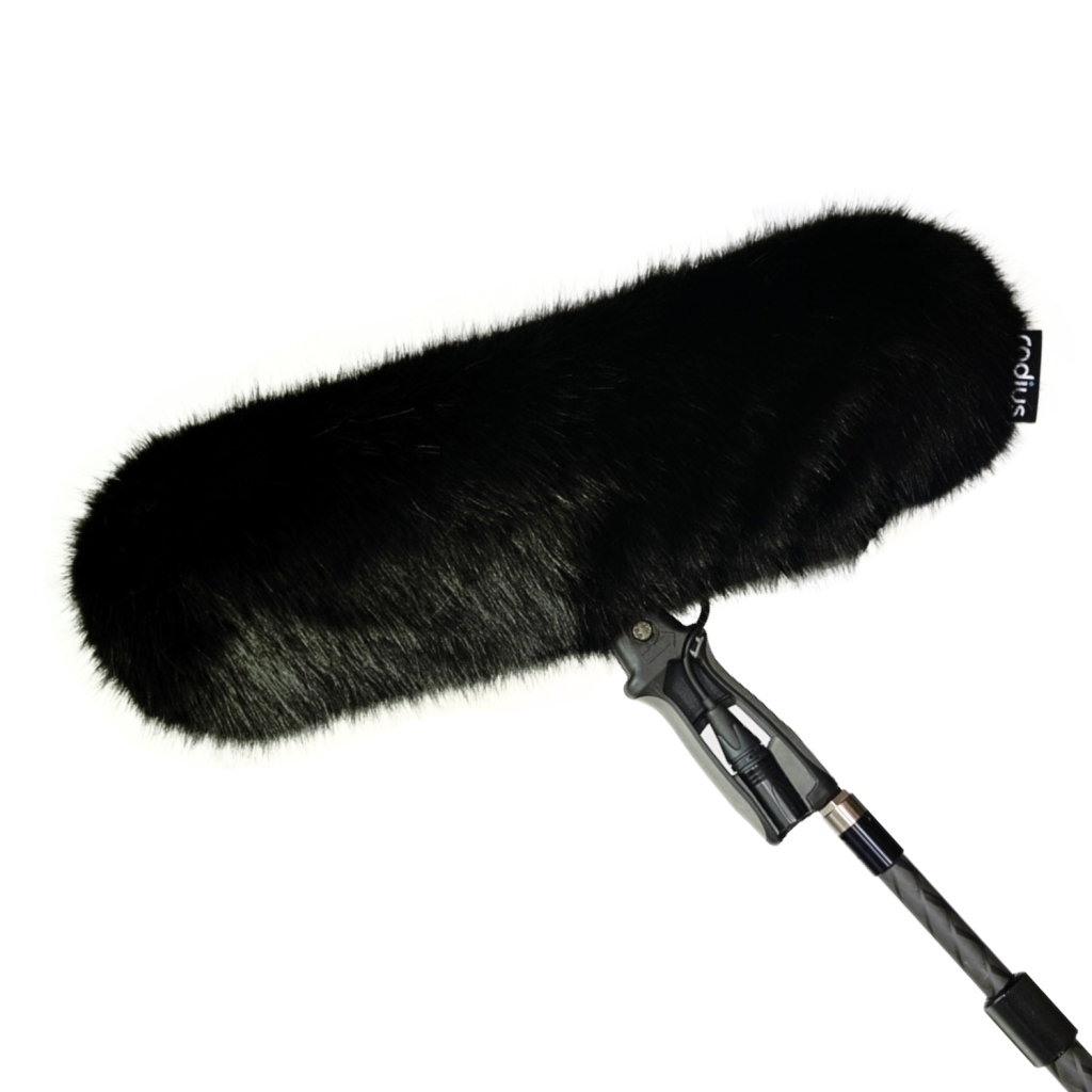Black fur windcover for Rycote WS4 windshield with drawstring attachment