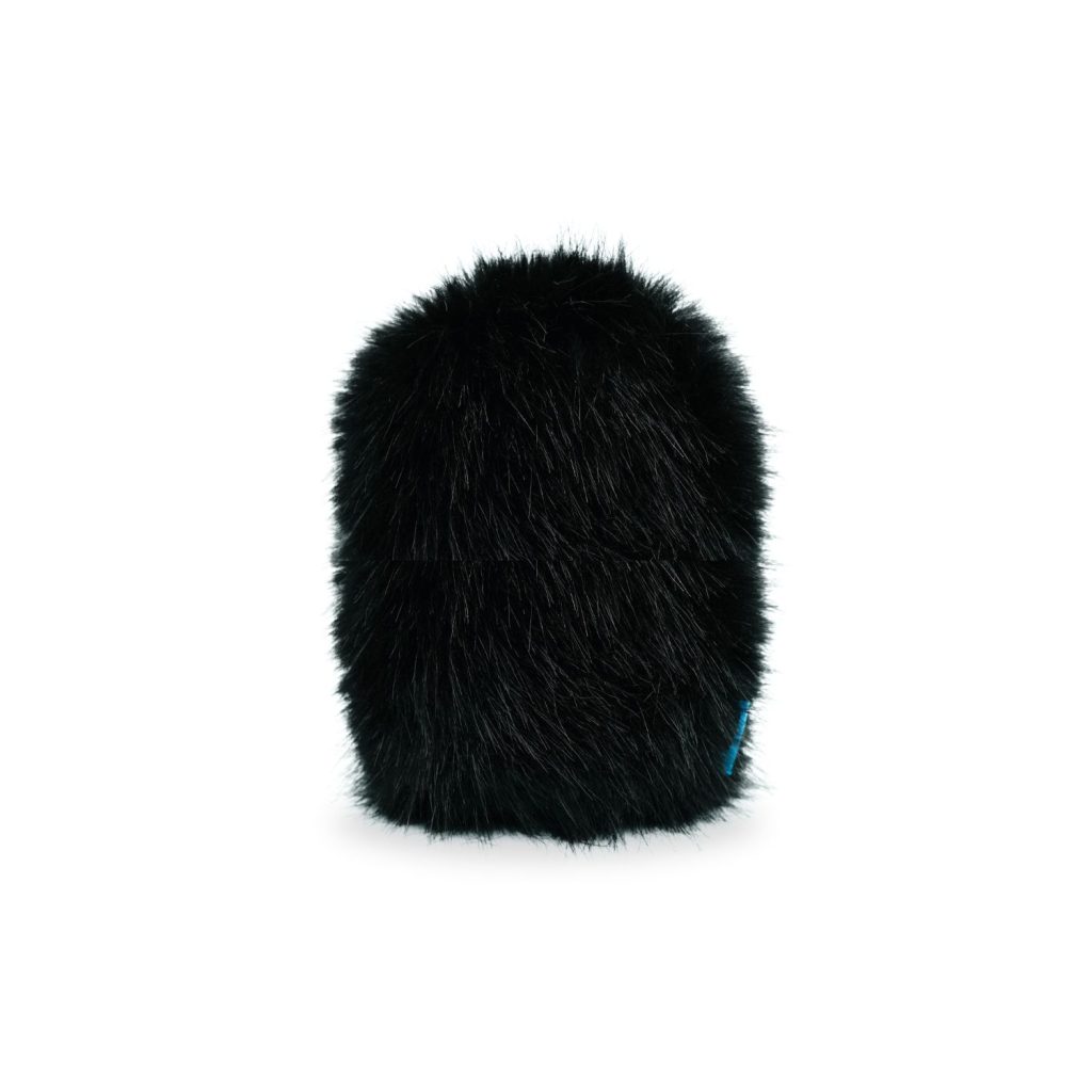 RODE VideoMic NTG microphone with black synthetic fur windcover installed