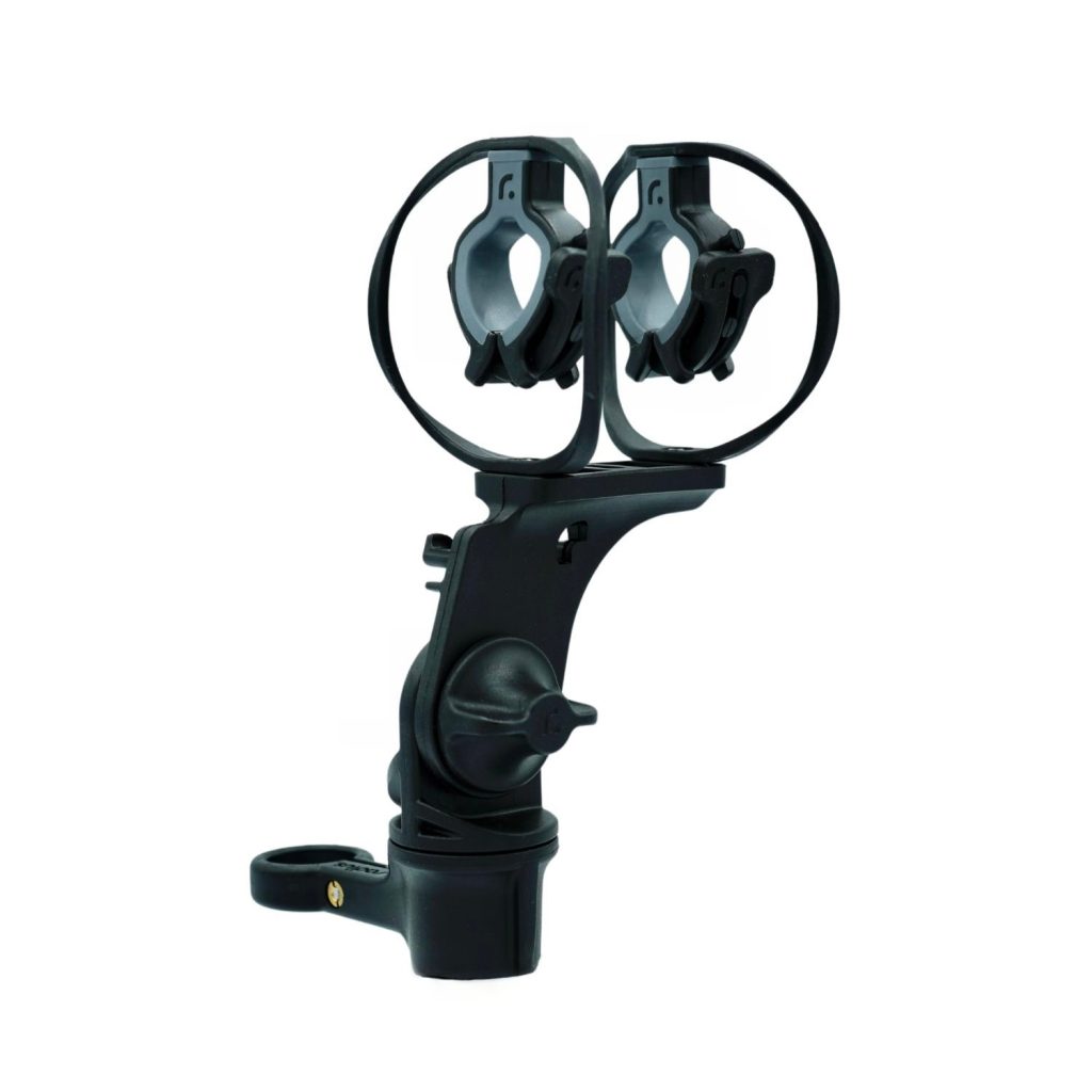 RAD-1 shock mount showing universal microphone clips and Lemo connector clip