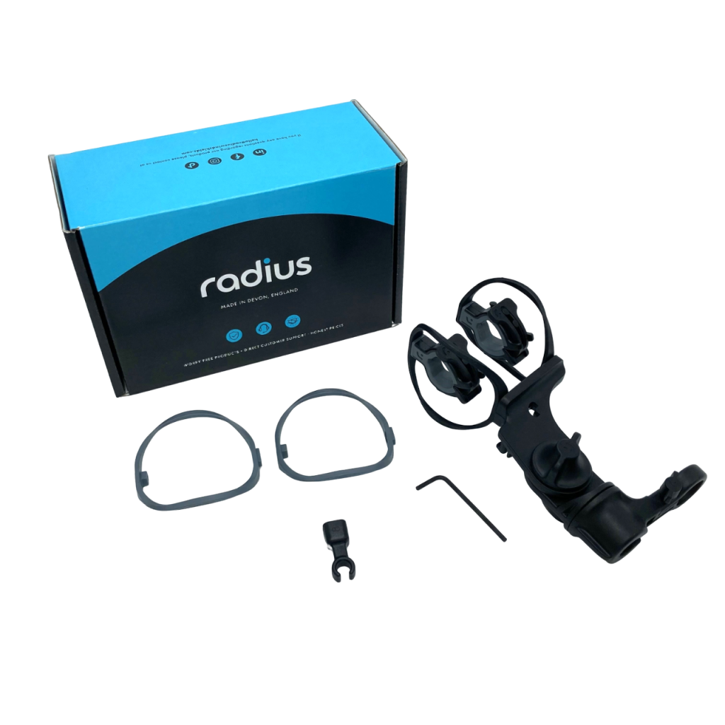 Complete RAD-1 shock mount kit contents including dual hoops and clips