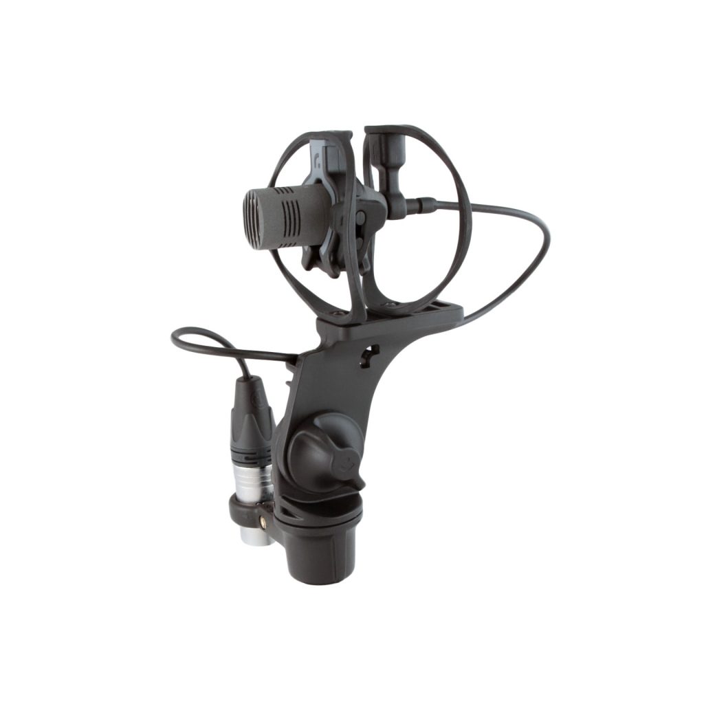 RAD-1 shock mount side profile showing XLR connector and boom pole mounting system