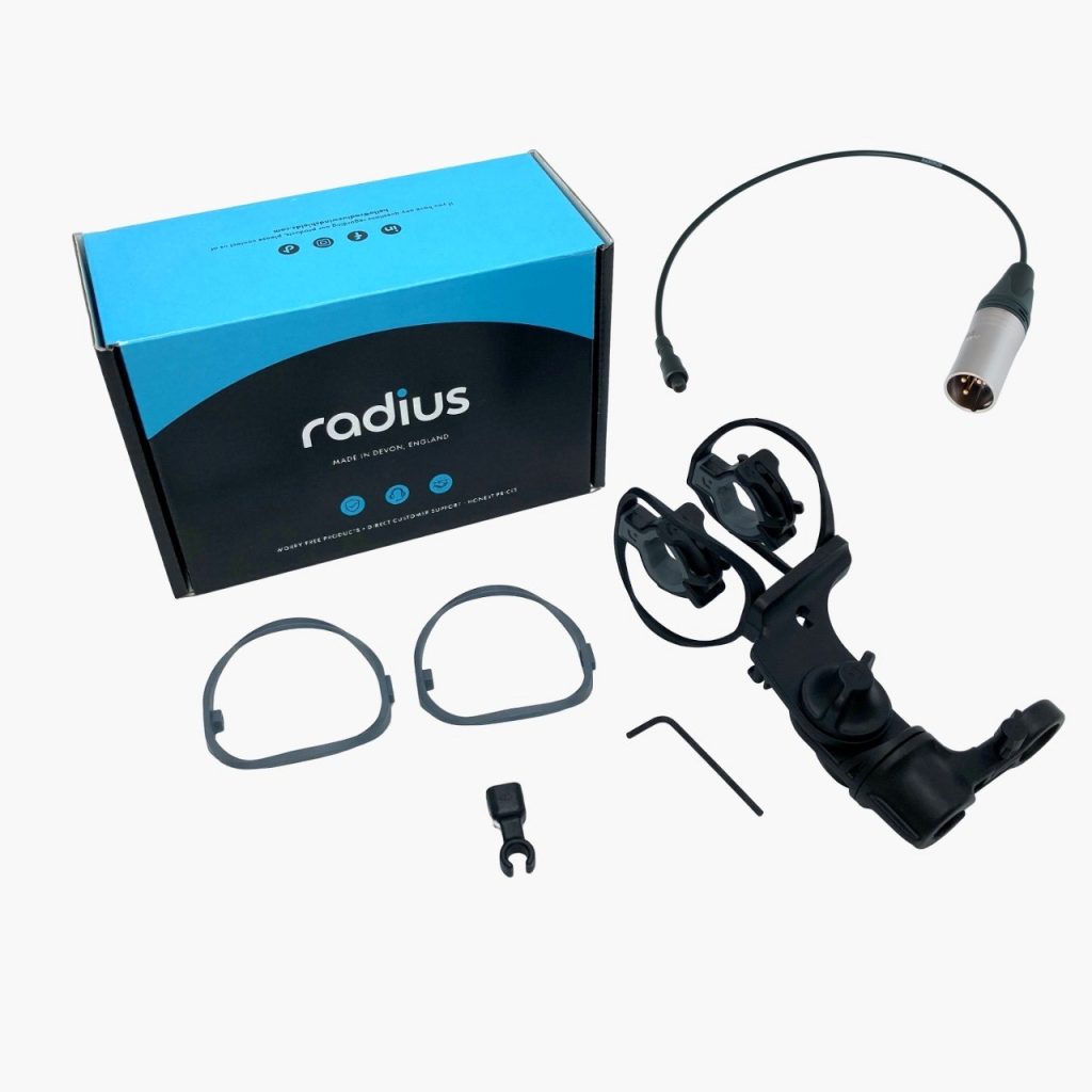 Complete RAD-1 shock mount package contents including hoops, clips, cable and mounting hardware