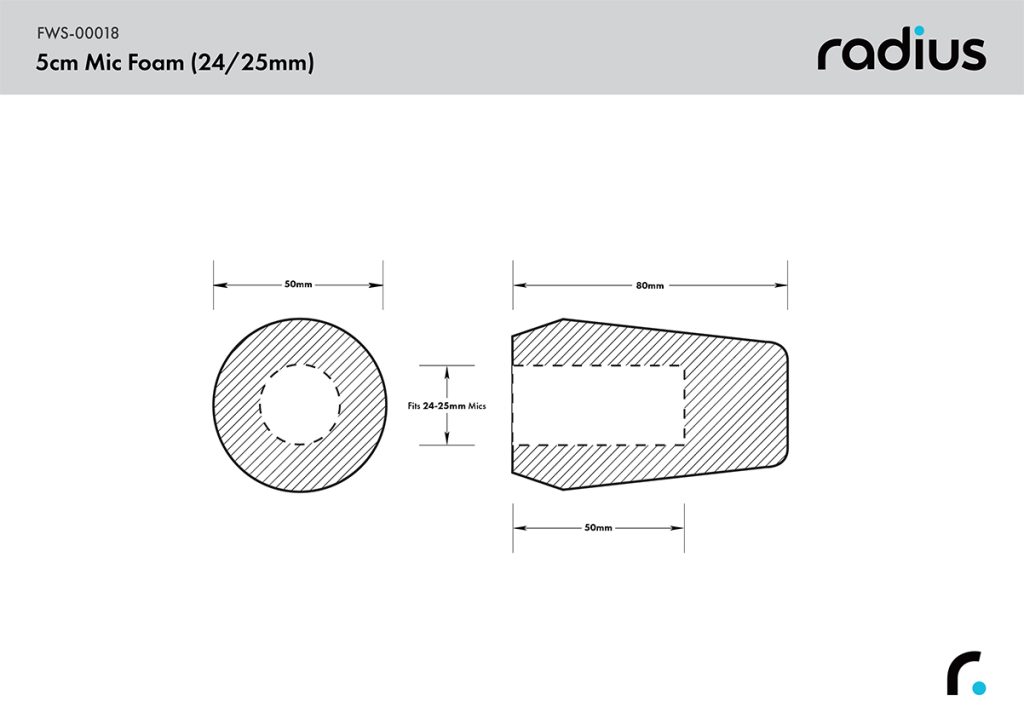 Technical dimension drawing showing 5cm length foam windshield specifications