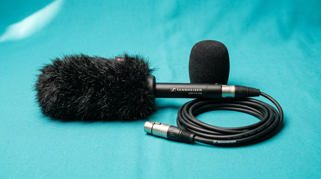Sennheiser MKH 416 shotgun microphone with black furry windscreen and separate foam windscreen with coiled XLR cable on turquoise background