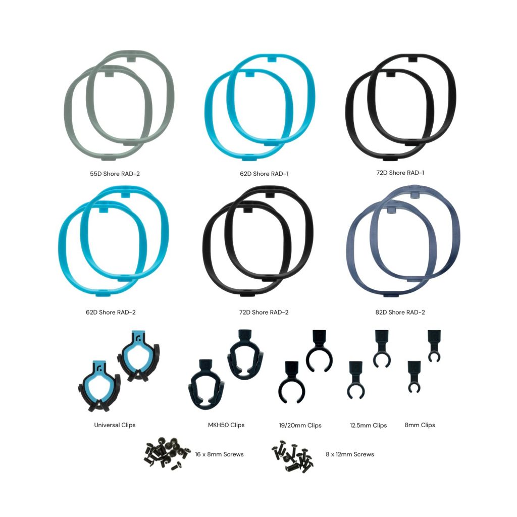 RAD Mount retrofit spare parts kit components laid out showing suspension hoops and mic clips