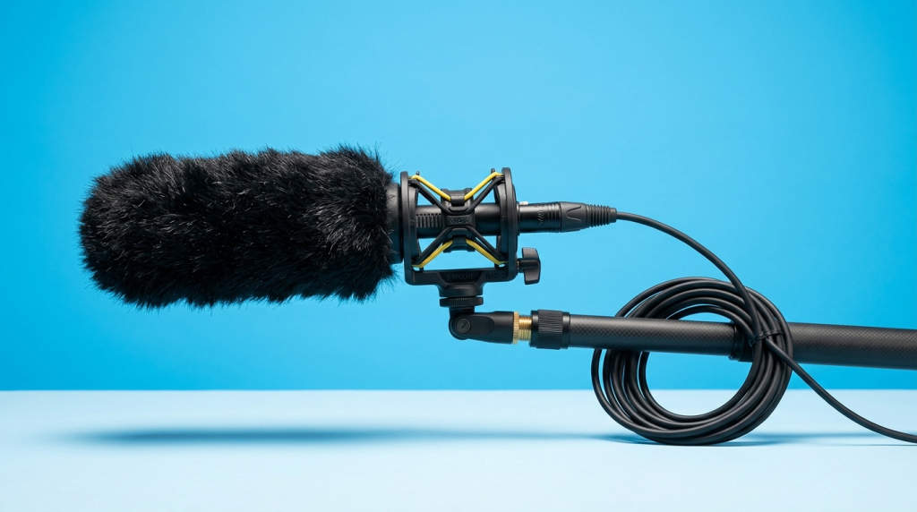 Shotgun microphone with a black furry windscreen attached to a shock mount and boom pole with a coiled XLR cable on a blue background