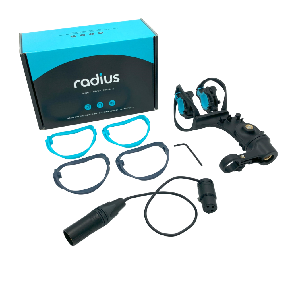 RAD-2 shock mount kit contents including mount, XLR cable and three hoop pairs