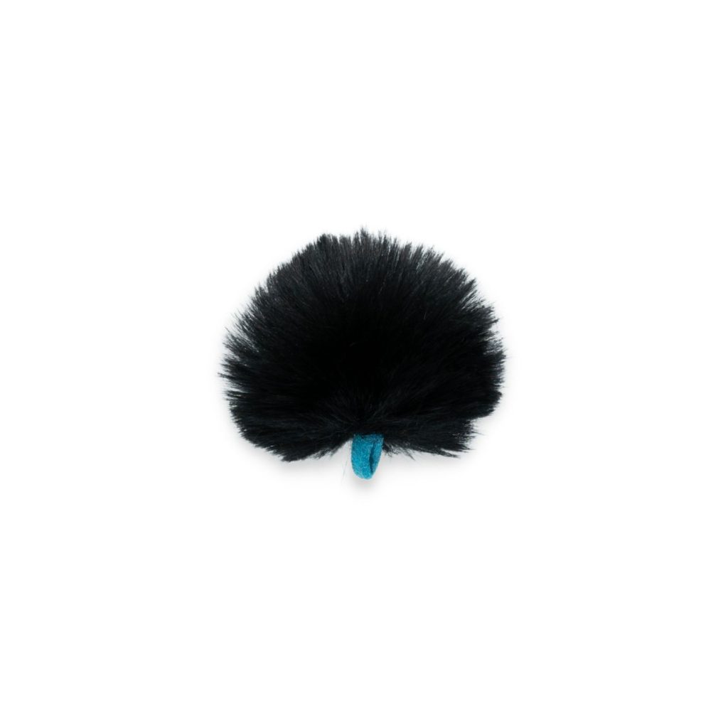 Single black synthetic fur lavalier windshield with blue safety retention strap